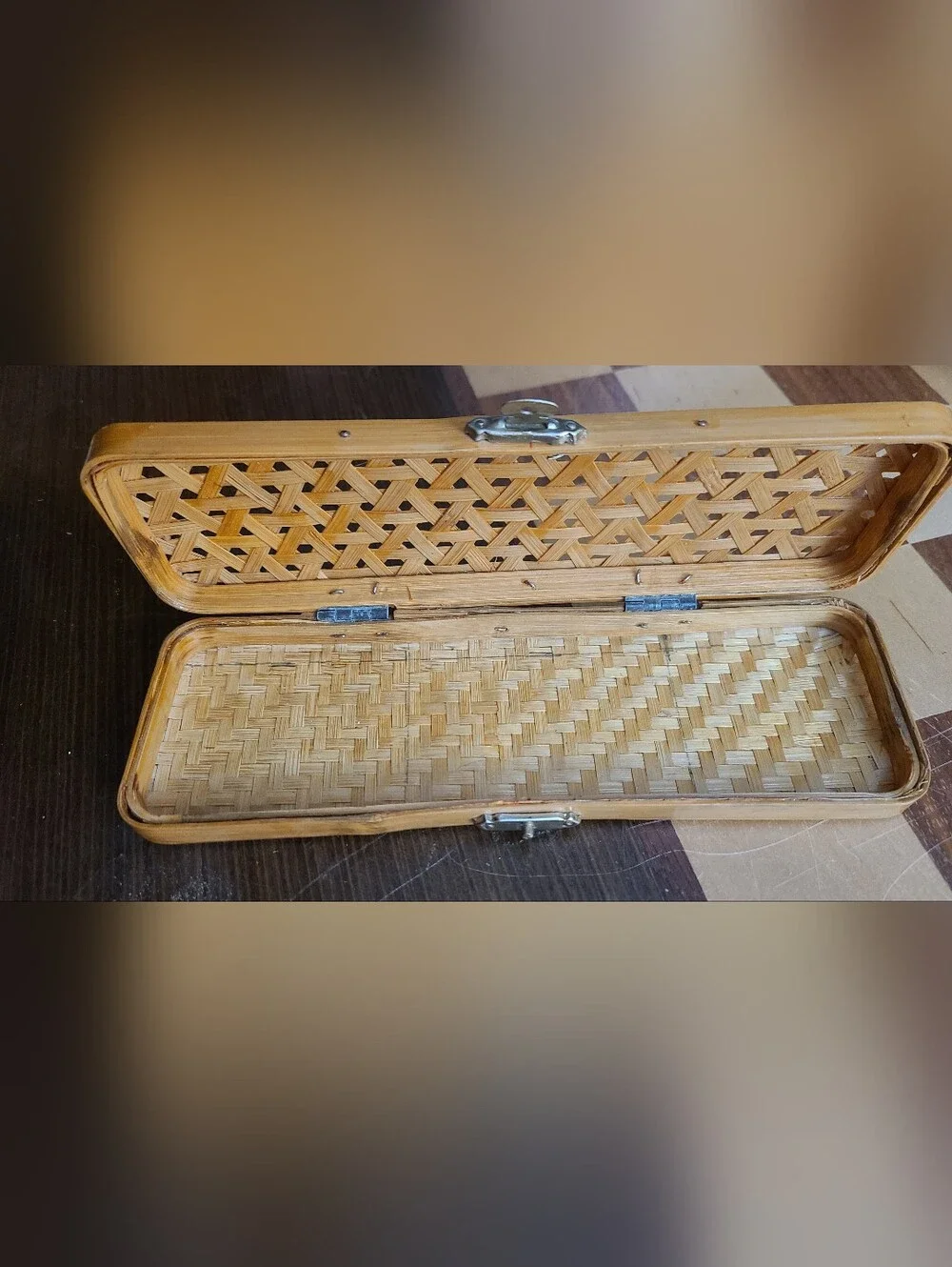 Vintage 50s Japanese Bamboo Pencil Case w/ Brass Lock - Decor Desk Accessory